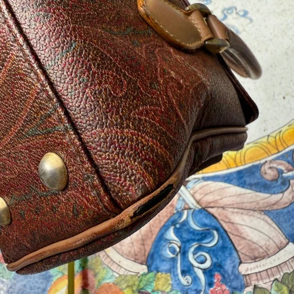ETRO Milano‎ Vintage Paisley Print Leather Handbag Top Handle Satchel Bag